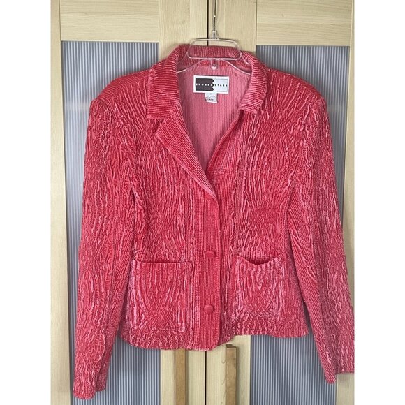 Rhonda Stark Tops - Rhonda Stark Jacket Womens‎ Medium Red Textured Crinkle Cardigan Blazer Velvet